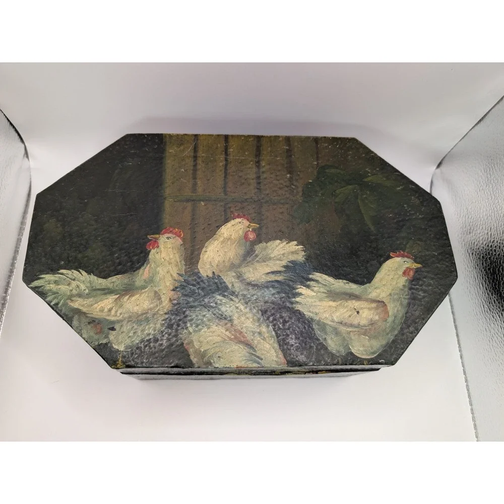 Hand Painted Chicken Octagonal Wooden Keepsake Storage Box Farmhouse Decor 12in